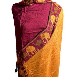 Hot Pink and Orange Woven Shawl with Elephant and Camel Detail, One Size